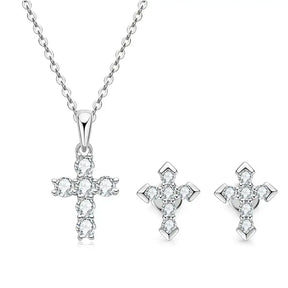 14K Gold Plated Silver Charm Jewelry Set with Cross Pendants and Lab Grown Diamond Accents