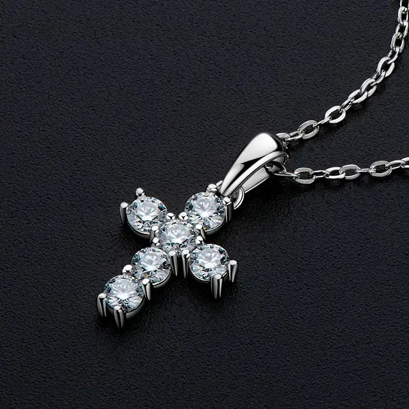 Diamond-studded cross pendant on a silver charm jewelry chain with 14K gold plated finish