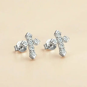 Pair of diamond-studded cross-shaped stud earrings in 14K Gold Plated Silver Charm Jewelry