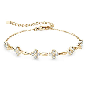 Delicate 14k Gold Plated Flower Charm Bracelet with Moissanite Diamond Clover Links