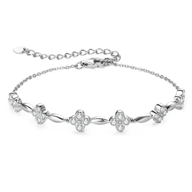 Delicate silver bracelet with floral-shaped diamond clusters, a stunning Moissanite diamond bracelet