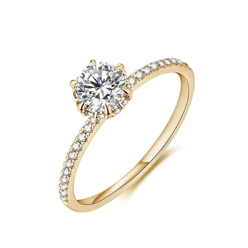 Elegant 14K Yellow Gold Moissanite Engagement Ring featuring a round center diamond