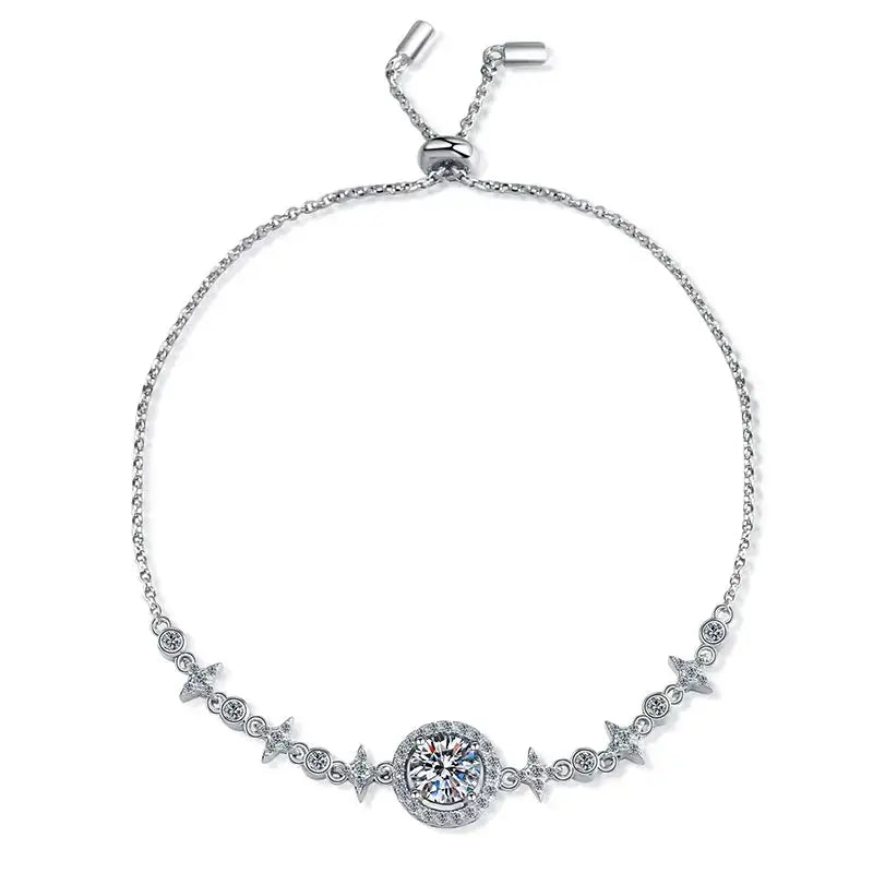 Delicate silver 1ct Moissanite Diamond Bracelet featuring a central gemstone and accent stones