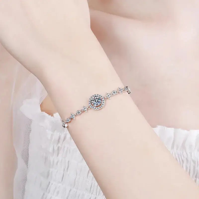 Delicate silver 1ct Moissanite Diamond Bracelet with blue gemstone and crystal accents