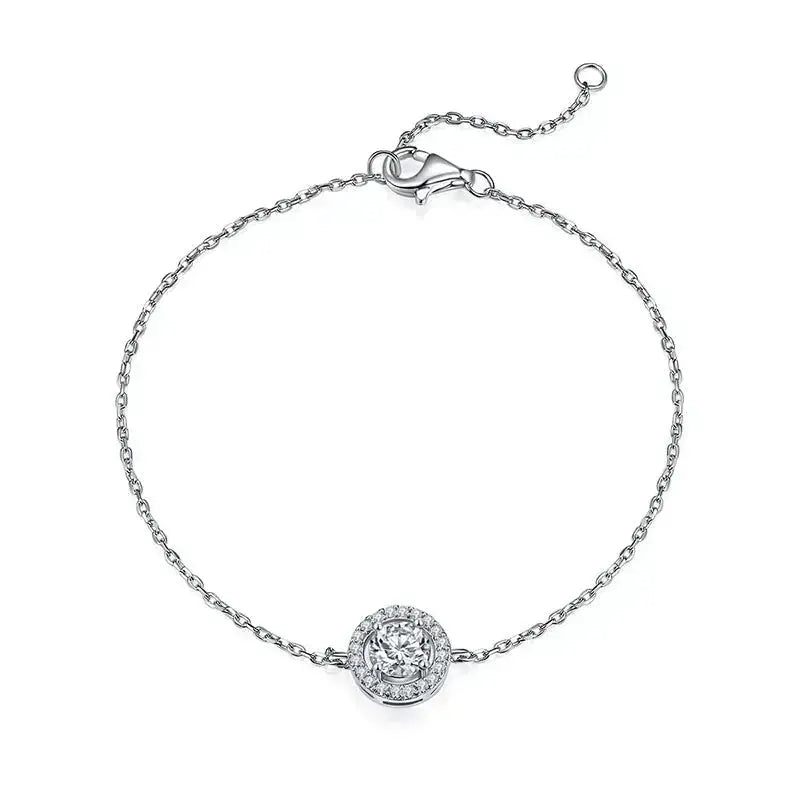 Delicate silver bracelet with a 6.5mm Moissanite diamond centerpiece for elegance