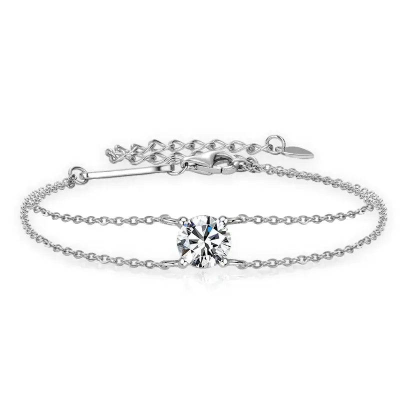 Delicate silver 1ct Moissanite Diamond Double Chain Bracelet with a brilliant-cut centerpiece