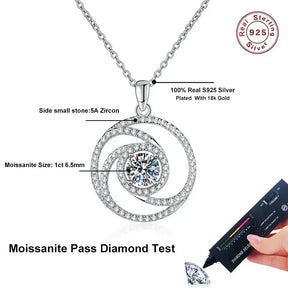 Circular pendant necklace with spiral design, featuring 1ct Moissanite Diamond and silver chain