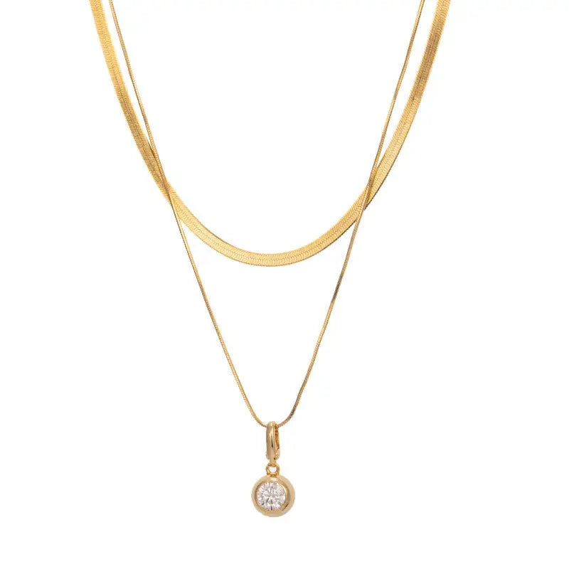 Gold layered necklace with round pendant, featuring 1ct Moissanite diamond, S925 sterling silver