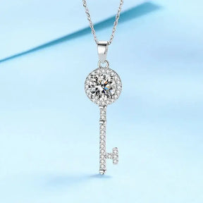 Sparkling 1ct Moissanite Necklace Key Pendant with gemstone centerpiece in sterling silver