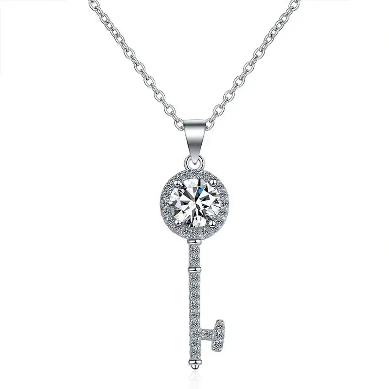 Silver necklace key pendant featuring a 1ct Moissanite centerpiece in elegant design