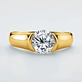 Gold engagement ring featuring a round diamond solitaire in semi-bezel setting, showcasing 2-carat moissanite ring elegance