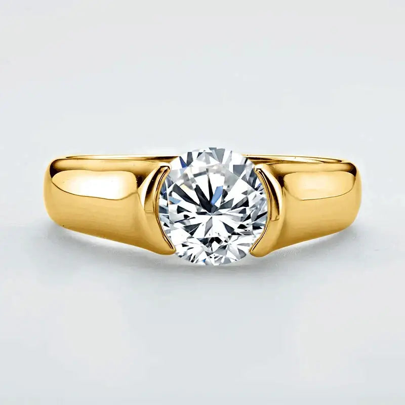 Gold engagement ring featuring a round diamond solitaire in semi-bezel setting, showcasing 2-carat moissanite ring elegance