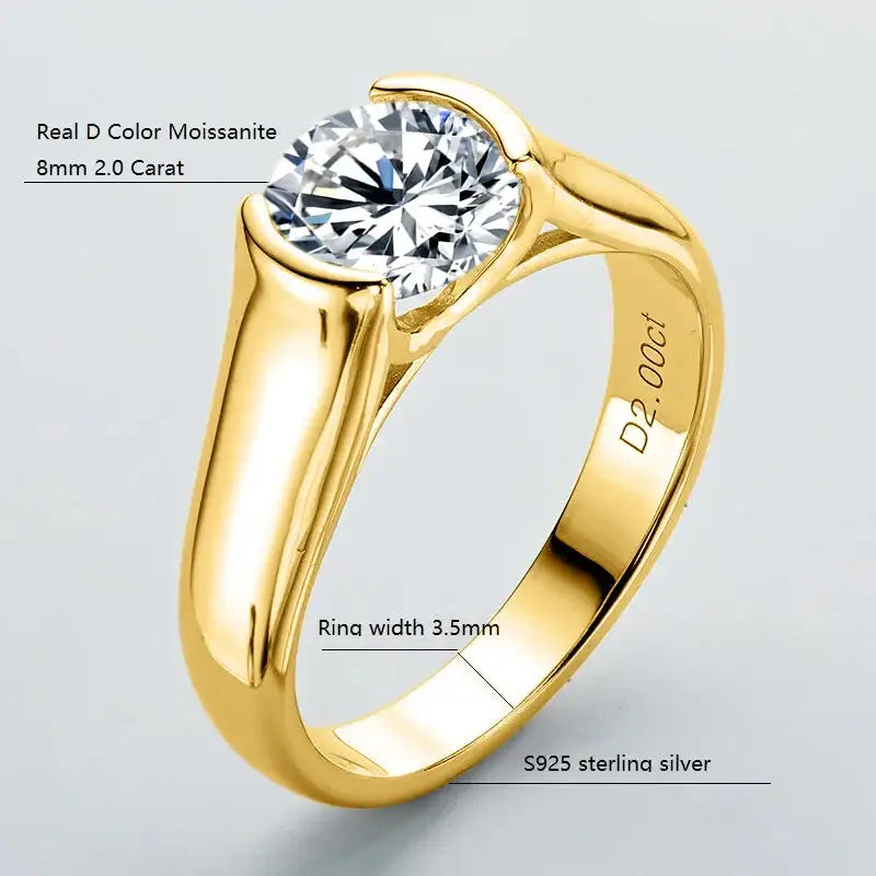 Gold-toned 2-carat Moissanite ring showcasing a brilliant-cut gemstone in solitaire setting