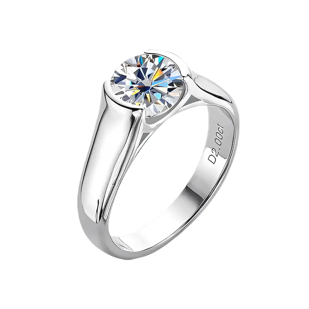 Silver engagement ring featuring a round solitaire diamond in 2-Carat Moissanite Ring