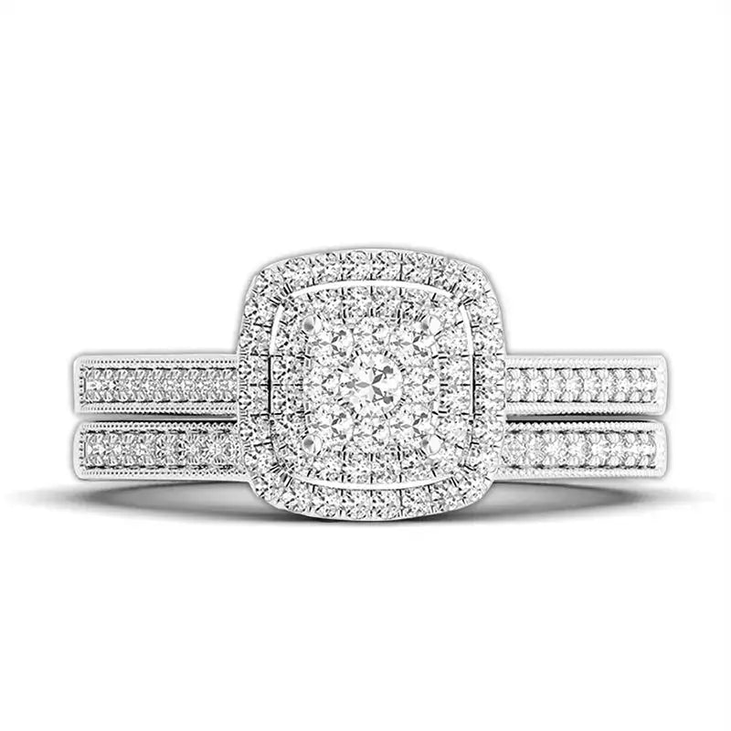 Diamond engagement ring with square halo and pave band in Moissanite Ring Set