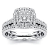 Ornate diamond engagement ring in Moissanite ring set with square halo and split shank band