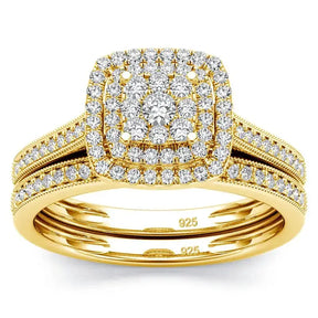 Ornate gold cushion-shaped diamond engagement ring in 2pcs Moissanite Ring Set