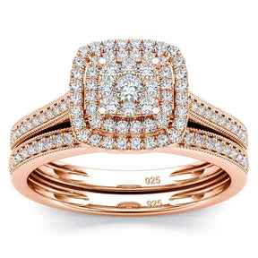 Rose gold diamond engagement ring in 2pcs Moissanite Ring Set with cushion halo design