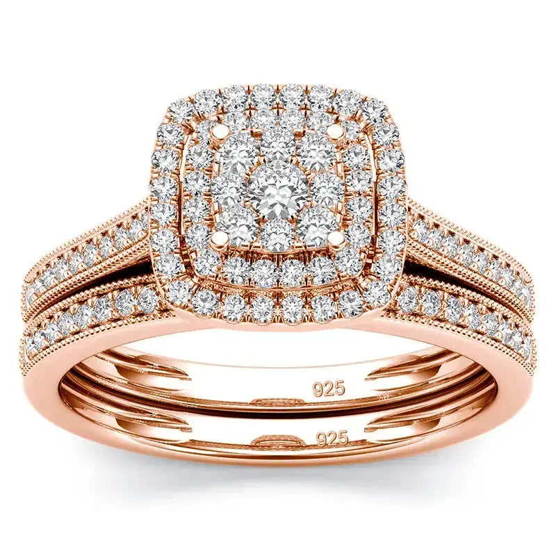 Rose gold diamond engagement ring in 2pcs Moissanite Ring Set with cushion halo design