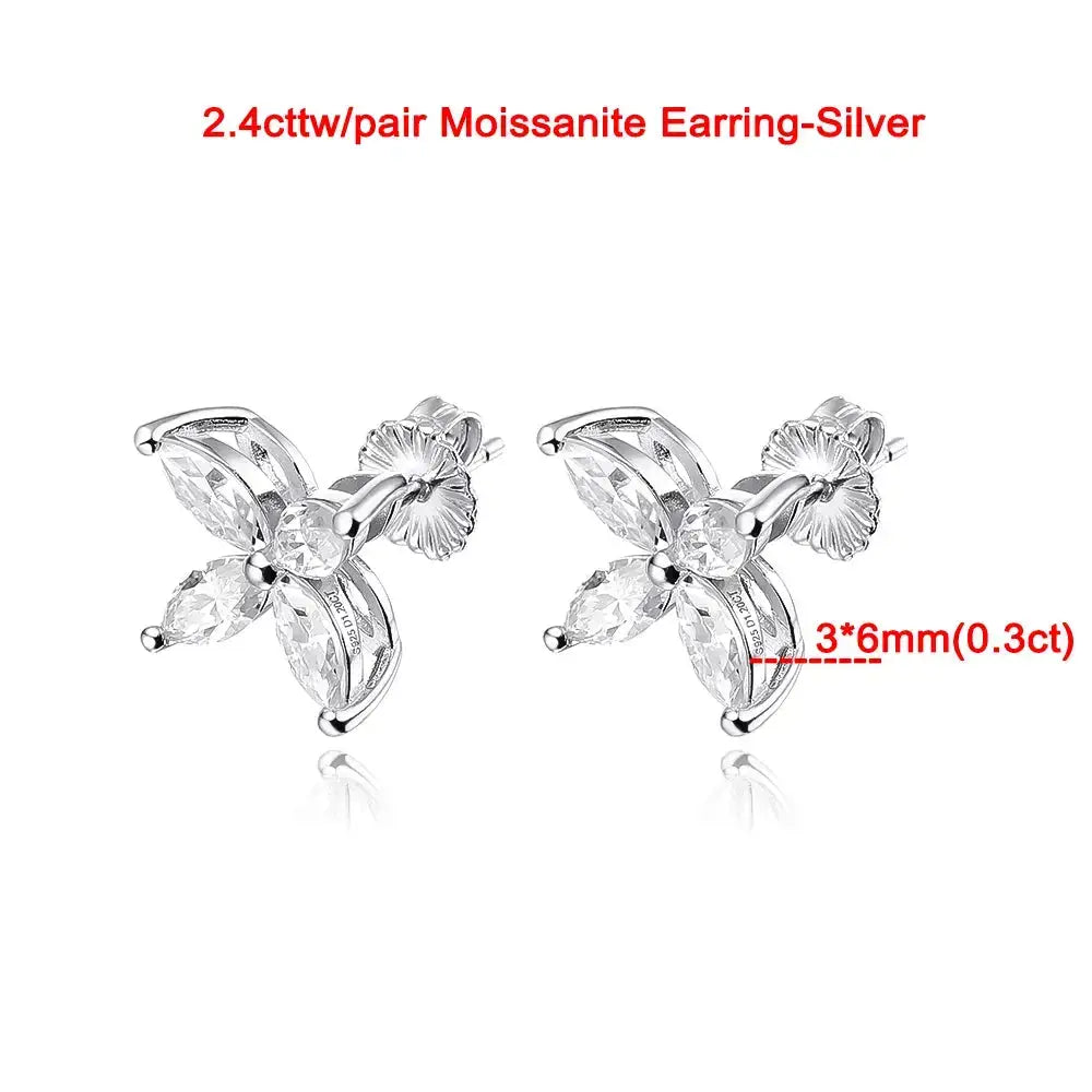 Pair of silver floral-shaped stud earrings featuring marquise-cut moissanite stones