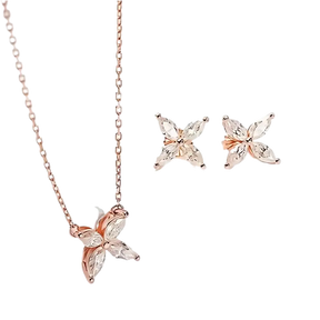 Delicate rose gold-set Moissanite jewelry set with floral pendant and stud earrings