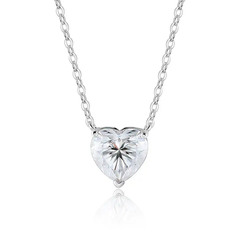 Heart-shaped diamond pendant on S925 sterling silver chain, showcasing 4cttw heart cut moissanite