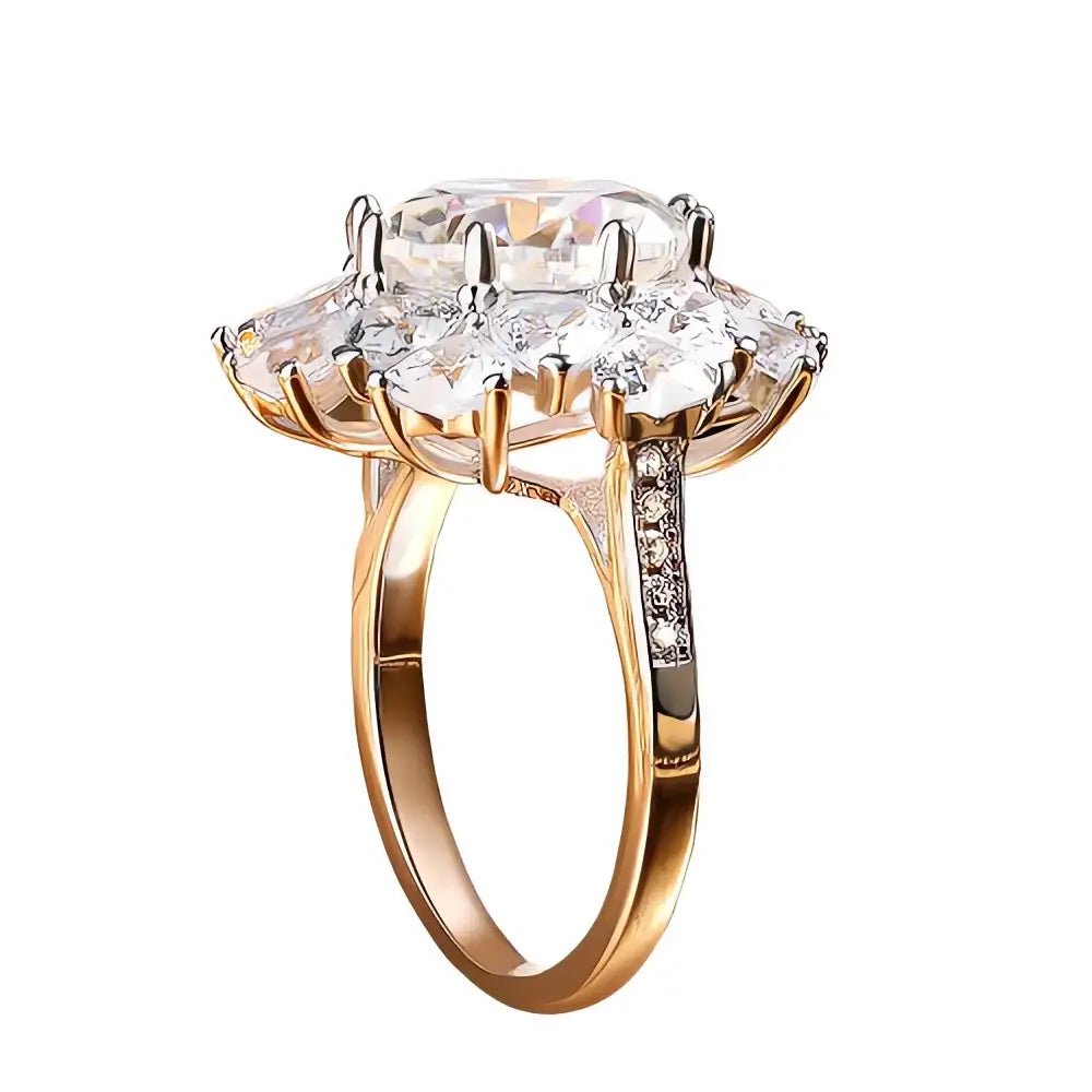 Gold ring with a floral cluster of clear gemstones, showcasing Big Diamond Elegance in a 5ct Moissanite Ring