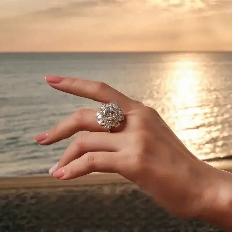 Ornate 5CT Moissanite Ring on woman’s hand showcasing Big Diamond Elegance and free GRA certification