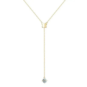 Delicate gold necklace featuring a Lab Grown Diamond Butterfly Pendant and crystal charm