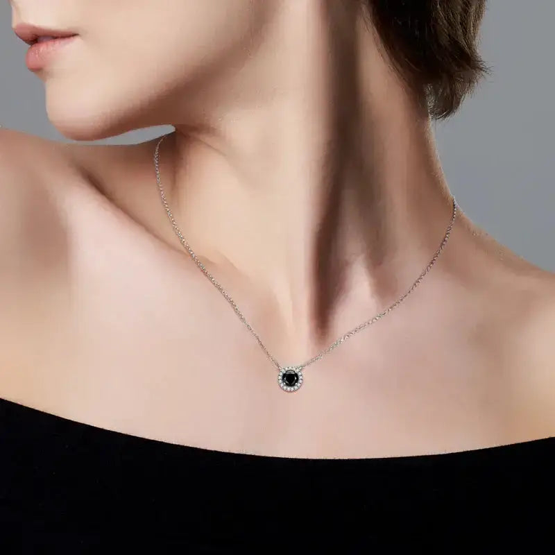 Delicate silver Moissanite pendant necklace with black gemstone, Telles Jewelry elegance