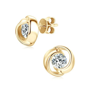 Gold stud earrings with swirling designs encasing round lab grown diamonds