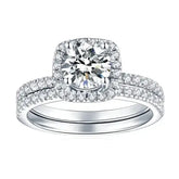 Cushion-cut moissanite diamond ring in sterling silver with halo and pave band