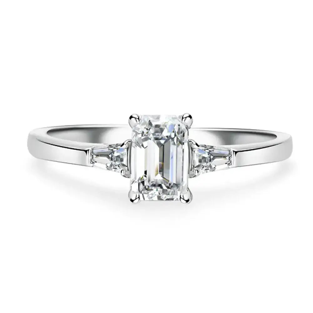 Emerald Cut Moissanite Diamond Ring set in a sterling silver band for timeless elegance