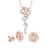 Rose gold sterling silver flower jewelry set with necklace and earrings featuring diamonds