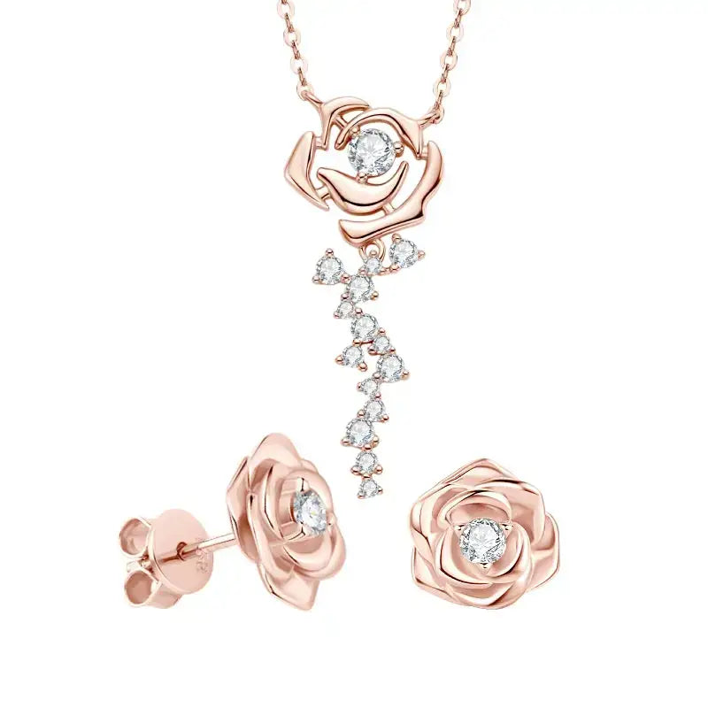 Rose gold sterling silver flower jewelry set with necklace and earrings featuring diamonds