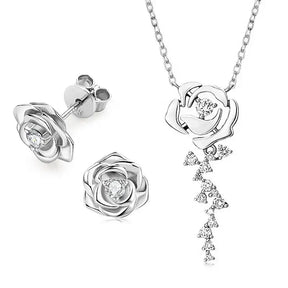 Silver jewelry set featuring rose designs and diamond accents in 925 Sterling Silver