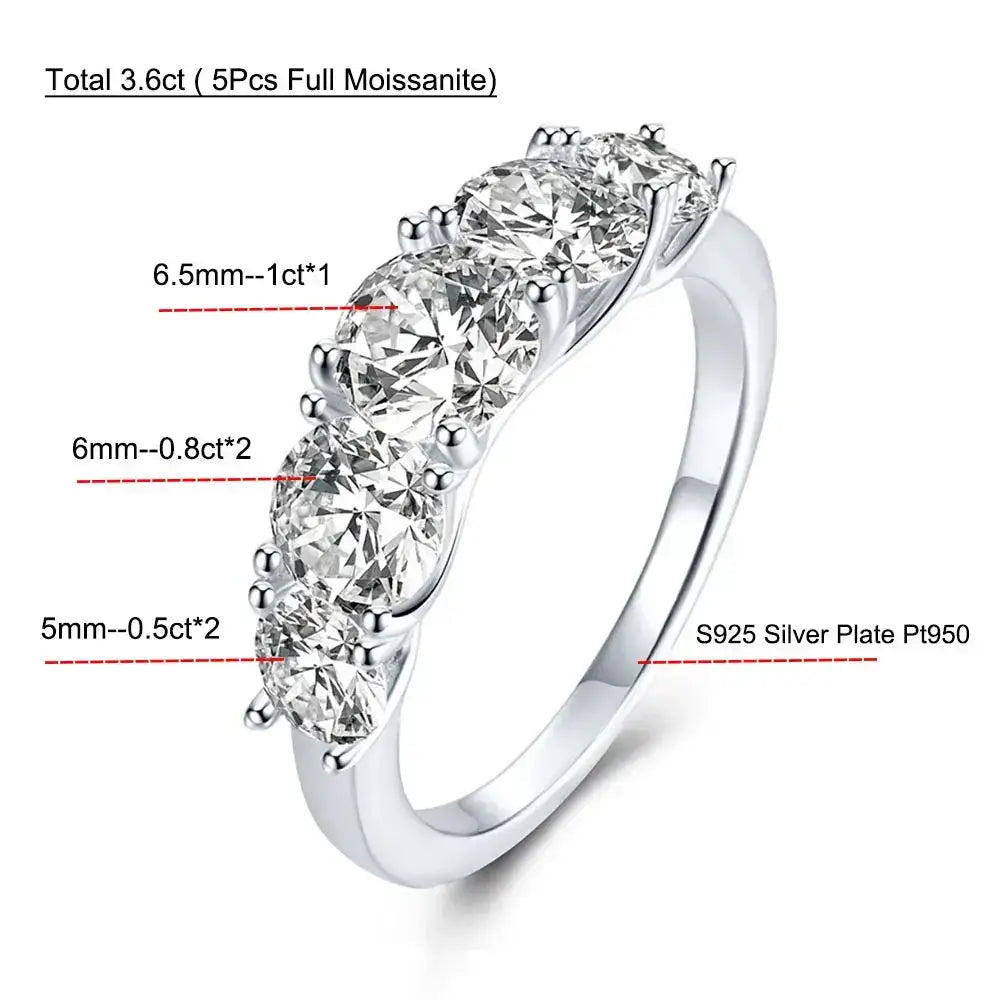 Silver ring with five graduated Moissanite stones in a row - 925 Sterling Silver Moissanite Row Ring