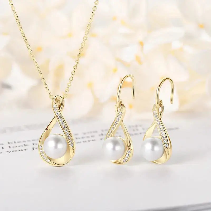 Gold-toned 925 Sterling Silver Pearl Jewelry Set with Infinity Design and pearl accents