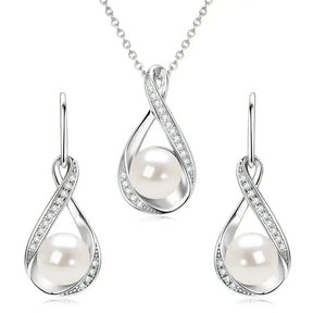 Elegant 925 Sterling Silver Pearl Jewelry Set featuring Infinity Design pendant and earrings