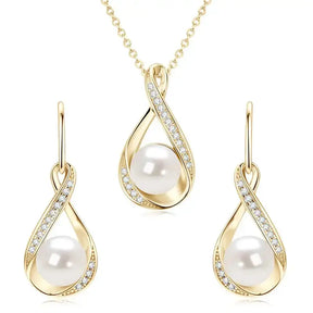 Gold Jewelry Set featuring Infinity Design Pendant Necklace and Pearl Earrings