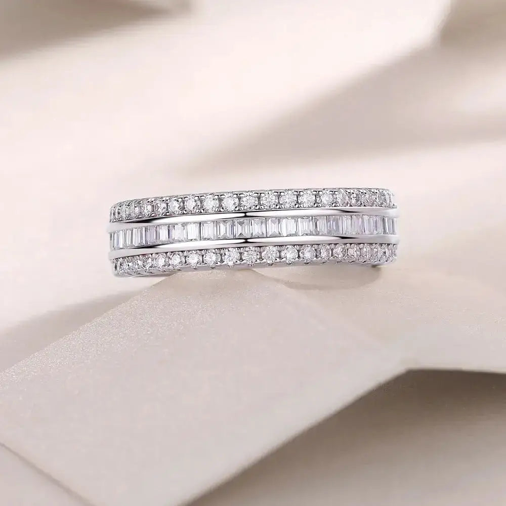 Diamond-encrusted white gold ring featuring GRA Moissanite diamonds for weddings