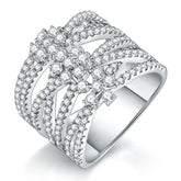 Intricate silver sparkling moissanite diamond ring with intertwining bands and VVS1 D color