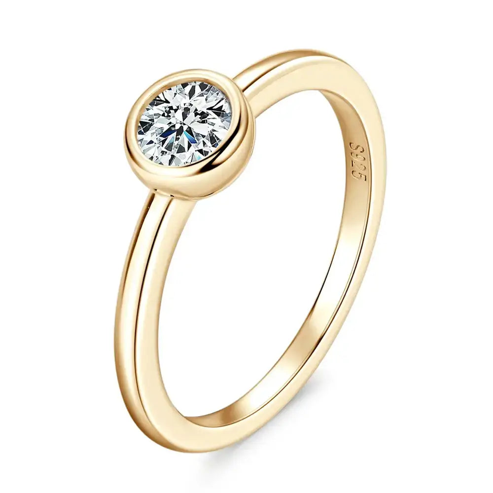 Gold bezel Moissanite ring with round diamond solitaire in stylish 925 Sterling Silver