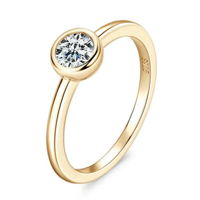 Gold bezel Moissanite ring with round diamond solitaire in stylish 925 Sterling Silver