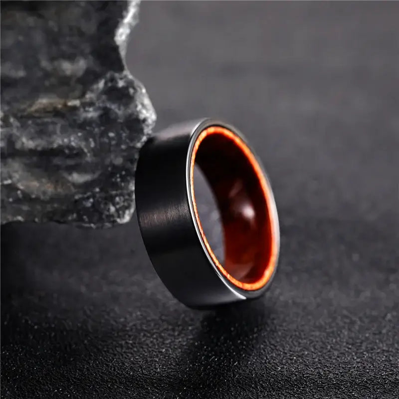 Black Matte Tungsten Ring 8mm with Red Sandalwood Inlay - Rings-Tungsten 32