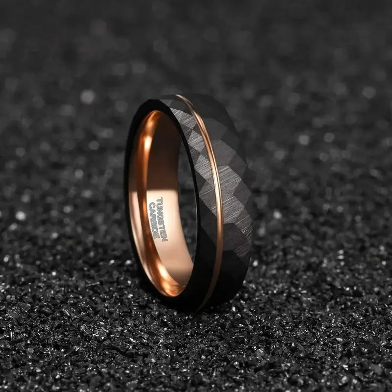 Black Tungsten Rings - Thin Rose Gold Groove - Rings-Tungsten 22