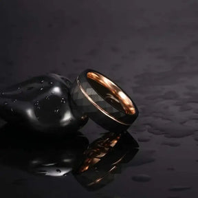 Black Tungsten Rings - Thin Rose Gold Groove - Rings-Tungsten 22