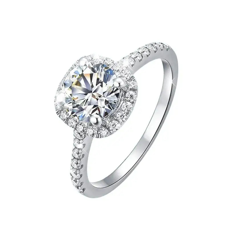 Brilliant Moissanite Halo Engagement Ring featuring a round center stone and diamond halo