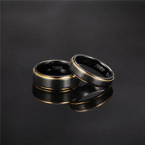 Brushed Tungsten Black Ring with Gold Edge Unisex Band - Rings-Tungsten 11