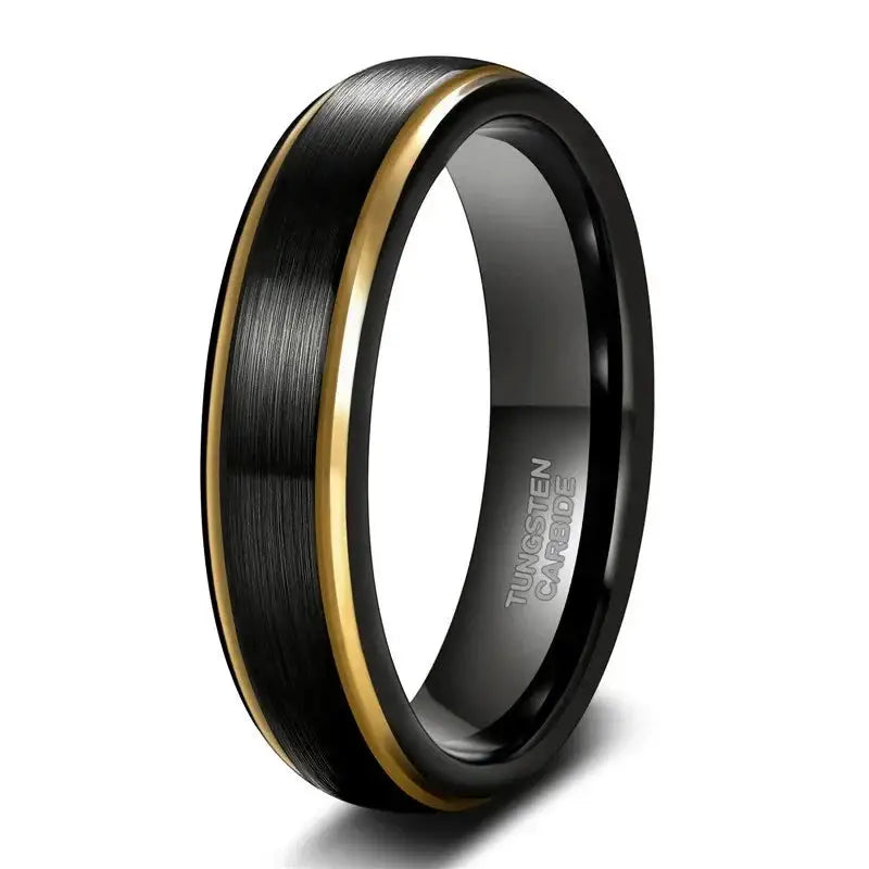 Brushed Tungsten Black Ring with Gold Edge Unisex Band - Rings-Tungsten 11